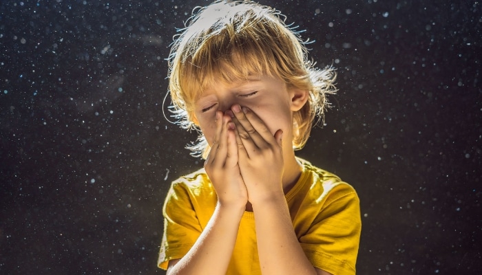 Air Quality Boy Sneezing Dust In Backgound Air Quality Boy Sneezing Dust In Backgound